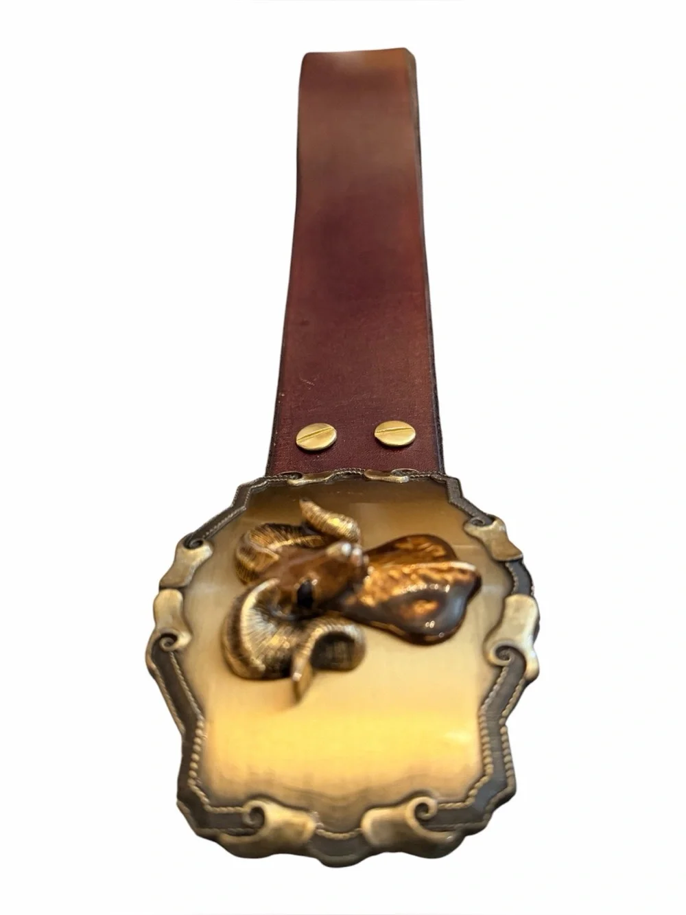 Vintage 70’s Leather Raintree Belt Brass Big Horn Ram Buckle Made In USA Western